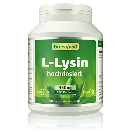L-Lysin, 450 mg, hochdosiert, 120 Kapseln, vegan – wichtige und essentielle Aminosäure. OHNE künstliche Zusätze, ohne Gentechnik.