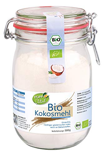 Kopp Vital Bio-Kokosmehl im Bügelglas | 500 g - vegan | reich an Ballaststoffen | 100 Prozent Kokosnussfleisch | Ohne Gentechnik | Glutenfrei | Laktosenfrei | Superfood | gesundheitsbewusste Ernährung