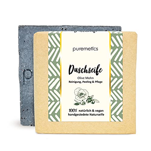 puremetics Zero Waste peelende Dusch-Seife'Olive Mohn' | 100% natürlich, vegan & plastikfrei | Handgesiedete Naturseife zum Duschen | Peeling Seife | Festes Duschgel ohne Plastik