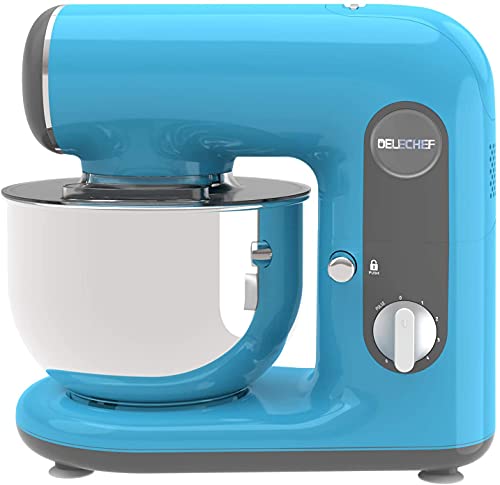 Küchenmaschine, DELECHEF 1000W Teigmaschine, mit 4L Edelstahlschüssel, 6 Geschwindigkeit Rührmaschine, Küchenmaschine multifunktional, Schlagbesen, Knethaken, Rührbesen, Spritzschutz.