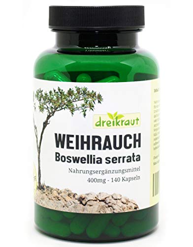 Weihrauch-Kapseln 400mg, Boswellia Serrata, 140 Stück, hochdosiert, ohne Zusätze - 1600mg je Tagesdosis - rückstandsgeprüft, 100% Indischer Weihrauchextrakt, 65% Boswellia-Säuren, Deutsche Herstellung