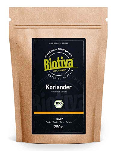 Biotiva Koriander Bio gemahlen 250g - Hochwertigste Bio-Qualität aus dem Mittelmeerraum - 100% Bio-zertifiziert in Deutschland (DE-ÖKO-005) - Perfekt zu indischen und asiatischen Gerichten