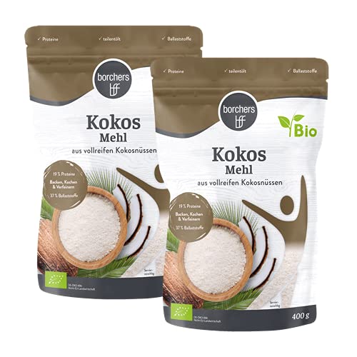 2 x borchers Bio Premium Kokosmehl | zum Kochen und Backen | Ballaststoffreich | Proteinquelle | Entölt | Vegan | 400 g (2 x 400 g)