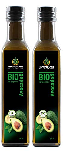 Kräuterland Bio Avocadoöl 500ml - rein, kaltgepresst, nativ - 2er Pack Avocado Öl (2x250ml) zum Kochen und Braten, auch für Haut und Haare - in Premium Qualität
