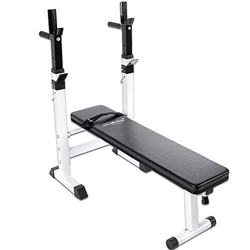 Physionics® Hantelbank mit Zwei Ablagen - Dip-Station, Klappbar & Höhenverstellbar, bis 200 kg, Schwarz - Multifunktion Trainingsbank, Flachbank, Drückerbank