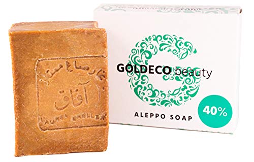 GOLDECO Original Aleppo Seife 60% Olivenöl und 40% Lorbeeröl, traditionelle Handarbeit, vegan, 200g