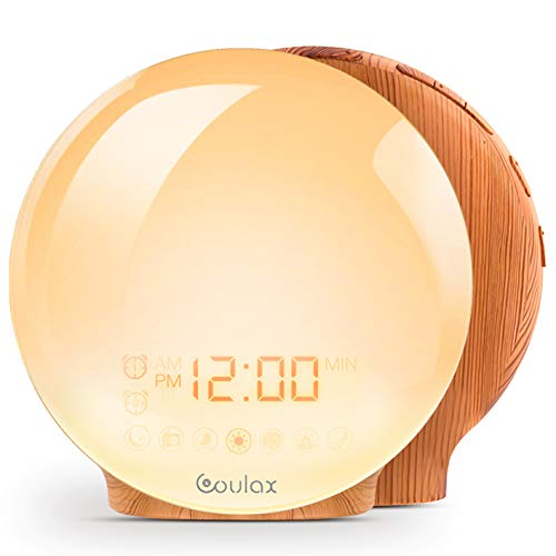 Lichtwecker für Kinder, COULAX Tageslichtwecker - Holzoptik Wake Up Light mit Schlummerfunktion, FM Radio mit 7 Naturgeräuschen und 2 Weckzeiten, für Weihnachtsgeschenke