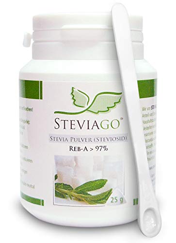 STEVIAGO Stevia Pulver (Steviosid) Extrakt aus 100% Stevia, davon min. 97% Reb-A, 25g, mit Dosierlöffel