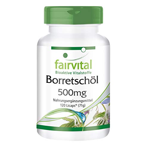 BorretschÖl Kapseln 500mg - HOCHDOSIERT - kaltgepresst - reich an Gamma-Linolensäure (Omega-6) - VEGAN - 120 LiCaps®