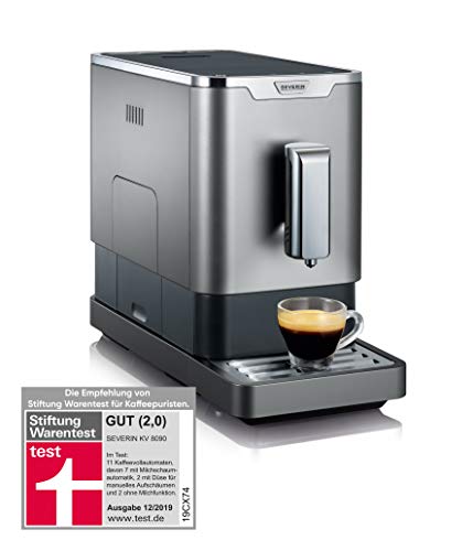 SEVERIN Kaffeevollautomat im Slim-Design, super leiser Kaffeeautomat mit Touch-Bedienung, Kaffeemaschine mit Mahlwerk und Heißwasser-Funktion, grau-metallic / schwarz, KV 8090