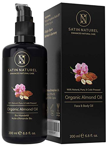 Bio Mandelöl Vegan + Kaltgepresst - 100% Rein & Natürlich - 200ml Lichtschutz Glas-Flasche - Feuchtigkeitspflege für Weiche Haut, Gesunde Haare & Nägel – SatinNaturel Naturkosmetik