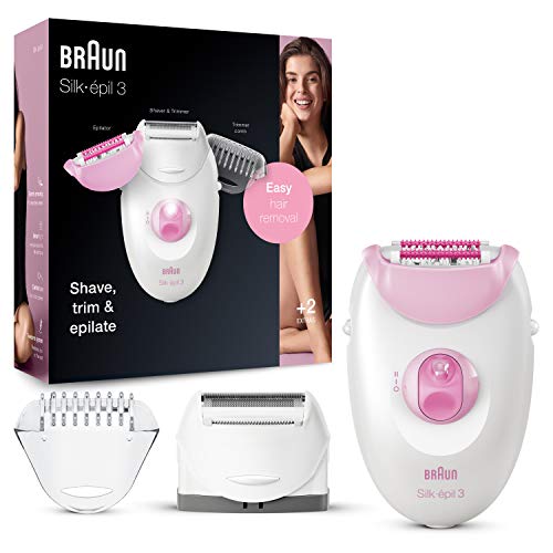 Braun Silk-épil 3 Beauty-Set, Epilierer Damen für Haarentfernung, Aufsätze für Rasierer, Trimmer und Massage für Körper, Geschenk für Frauen, 3270, pink/weiß