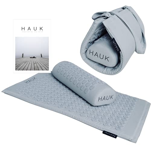 HAUK Akupressurmatte mit Kissen (ergonomisch) hochwertige Massagematte Nagelmatte als Set wohltuend bei Stress, Verspannungen und Schmerzen im Rücken und Nacken mit Tragefunktion und Anleitung