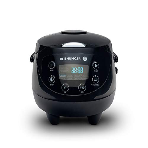 Digitaler Reishunger Mini Reiskocher und Dampfgarer in Schwarz - Warmhaltefunktion, Timer & Premium Topf - kleiner Multikocher, 8 Programme, 7-Phasen-Kochtechnologie, 1-3 Personen