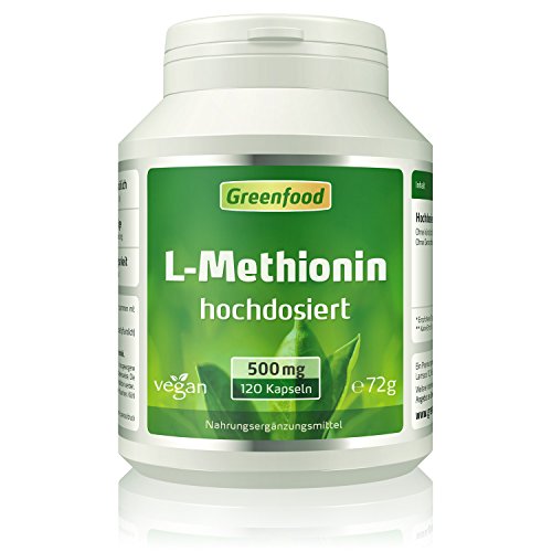 L-Methionin, 500 mg, hochdosiert, 120 Kapseln, vegan – wichtige und essentielle Aminosäure. Baustoff für Proteine. OHNE künstliche Zusätze, ohne Gentechnik.
