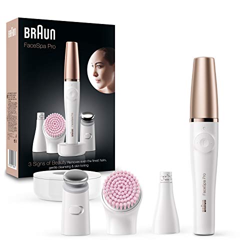 Braun FaceSpa Pro Beauty Set mit Gesichtsepilierer Damen, Gesichtsreinigungsbürste, Aufsatz, Halter und Tasche, Haarentfernung, Reinigung und Hautstraffung, Geschenk für Frauen, SE912, weiß/bronze