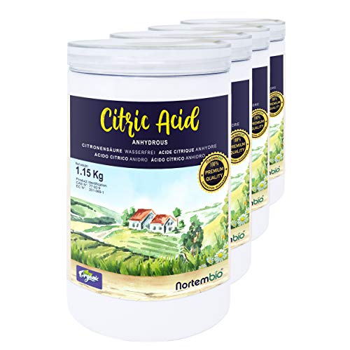 Nortembio Zitronensäure 4x1,15 Kg. Wasserfreies Citronensäure Pulver, 100% Reine. Für Ökologischen Produktion. E-Book Inklusiv.