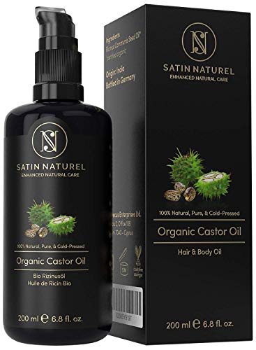 BIO Rizinusöl Vegan + Kaltgepresst für Haut, Haare & Wimpernwachstum - 200ml Lichtschutz Glasflasche - 100% Rein, Natürlich & Nativ – Satin Naturel Naturkosmetik
