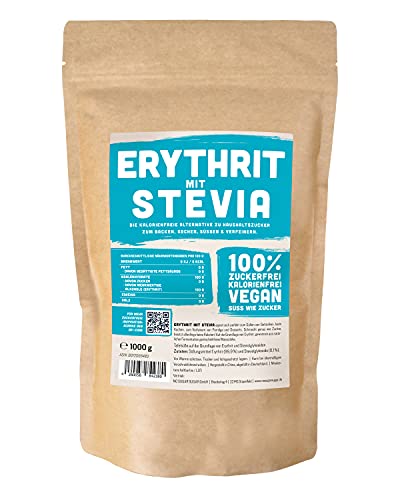 Erythrit + Stevia natürlicher Zuckerersatz ohne Kalorien 1:1 Süße gegenüber Zucker, ohne Eigengeschmack, gesunde Alternative zum Kochen, Backen, Süßen (1 kg Doypack)