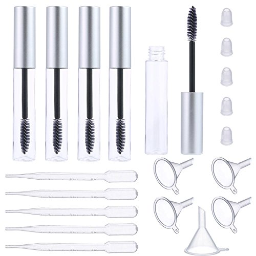 AOLVO leer Mascara Röhre, klein Mascara Applikator Flasche mit Wimper Zauberstab, Gummi fügt, Trichter und Transfer Pipettes Set für Wimpern Wachstum Öl oder Mascara, 10 ml 5 Stück transparent