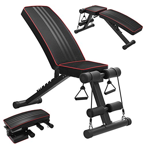 OUNUO Klappbare Hantelbank Schrägbank Multifunktion Trainingsbank Fitnessbank mit hochwertiger angenehmer Polsterung, Verstellbarer Rückenlehne, elastischer Seils, Flach-/Sit Up-Bank für Heimtraining