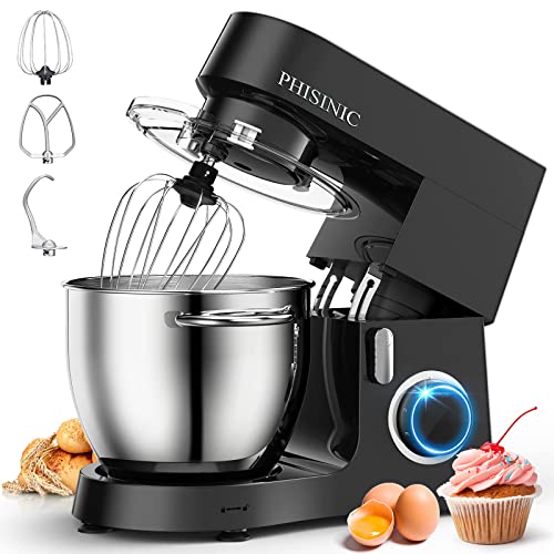 PHISINIC Küchenmaschine Knetmaschine, 1800W Rührmaschine, HighPower Motor, Kräftig und Leise, Teigmaschine inkl. 6,5 L Edelstahlschüssel, 3 Rührwerkzeuge, Spritzschutz, Metallgehäuse, Schwarz