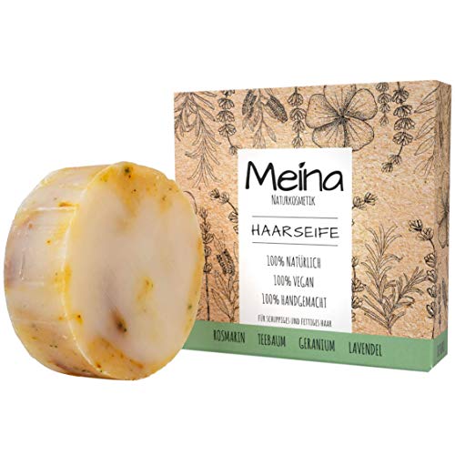 Meina Naturkosmetik - Bio Haarseife für fettiges Haar gegen Schuppen mit Teebaum, Vegan, Nachhaltig, Handgemacht, Plastikfrei, Ohne Palmöl, Wie ein festes Shampoo - 80g