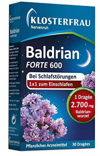 Klosterfrau Nervenruh Baldrian forte 600 | bei Schlafstörungen | für körperliche Regeneration | mit Baldrianwurzel-Trockenextrakt | 30 Stück