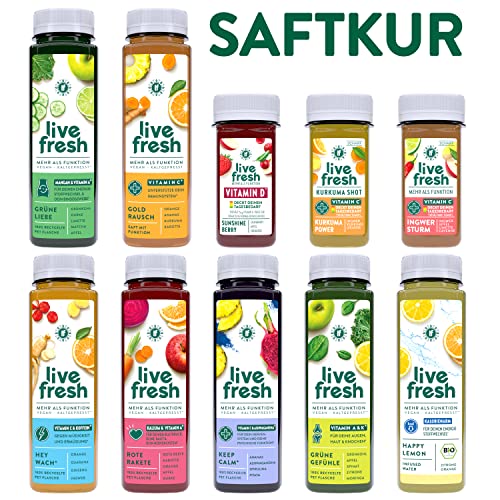 LiveFresh® Saftkur für 3 Tage - 9 Geschmackssorten - Deutsche Herstellung - auch für 7 Tage erhältlich - reich an wichtigen und frischen Vitaminen - ohne Zuckerzusatz und Zusatzstoffe - nachhaltig
