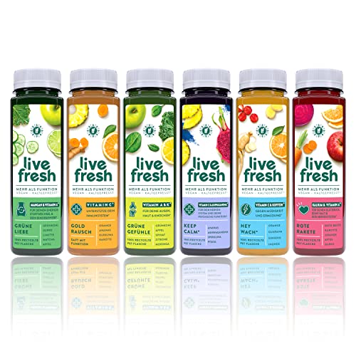 LiveFresh® Probierpaket Wellness Säfte [6 Kombinationen = 250ml x 6] - frische Superfruits wie Ingwer, Kurkuma oder Guarana - Schonend Kaltgepresst - Ohne Zucker & Zusätze