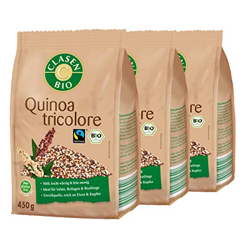 3x CLASEN BIO Quinoa Tricolore - Fairtrade, vegan und glutenfrei, biologischer Anbau - 450 g