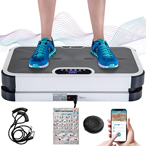 skandika Vibrationsplatte 900 Plus 3D Vibration 2 leise Motoren mit Smartphone-App und Bluetooth-Lautsprecher | 5 Programme + 60 Stufen | Inkl. Trainingsbänder, Fernbedienung, Poster | Fitnessgeräte