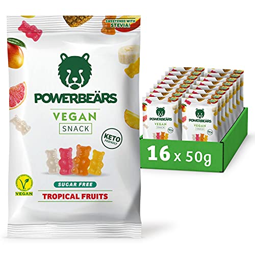 Powerbeärs Vegan - Vegane Gummibärchen ohne Zucker - 16x50g kalorienreduzierte Gummibären - Fruchtgummi Geschmack: Tropische Früchte