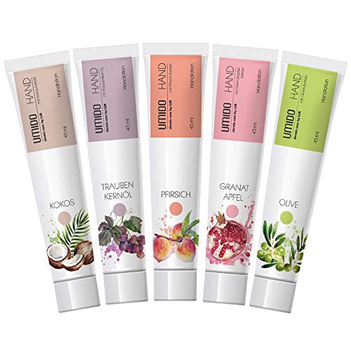 UMIDO 5er Hand-Lotion Set 45 ml | 1x Kokos | 1x Traubenkernöl | 1x Pfirsich | 1x Granatapfel | 1x Olive | Handcreme | Pflegecreme | Lotion | Hautpflege | Handcreme Set